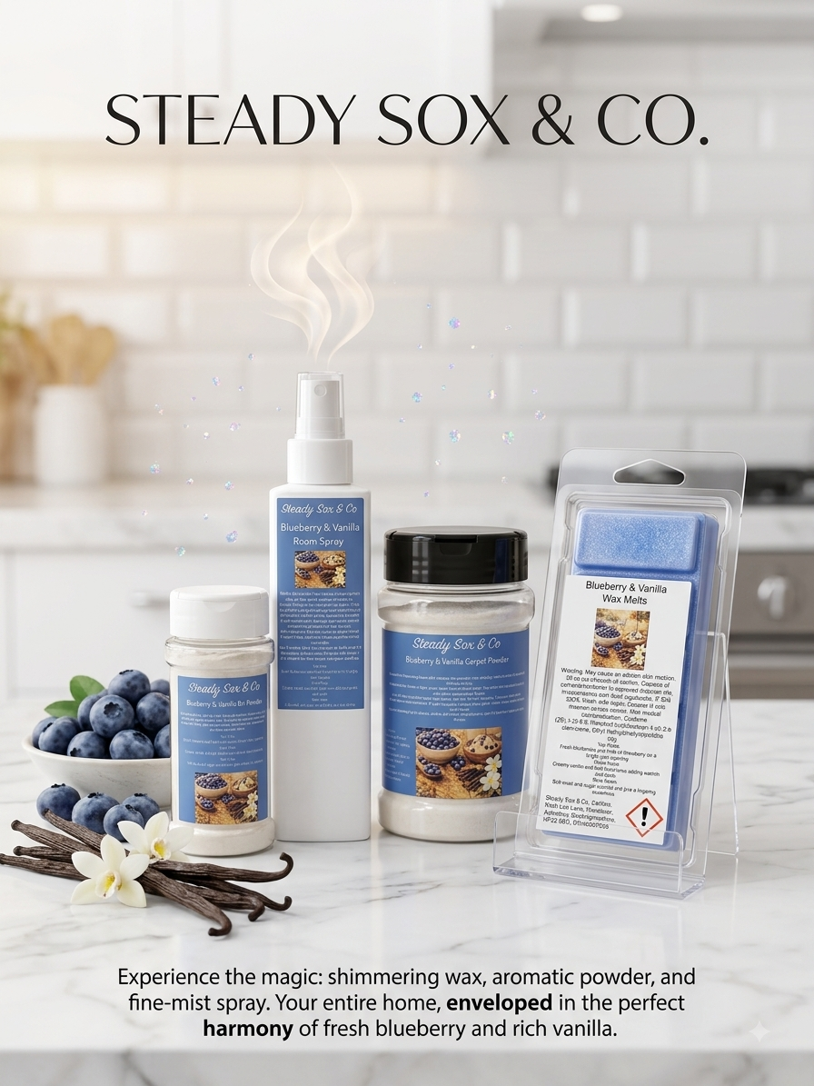 A Steady Sox & Co. monthly subscription box with candle, wax melts and scent card